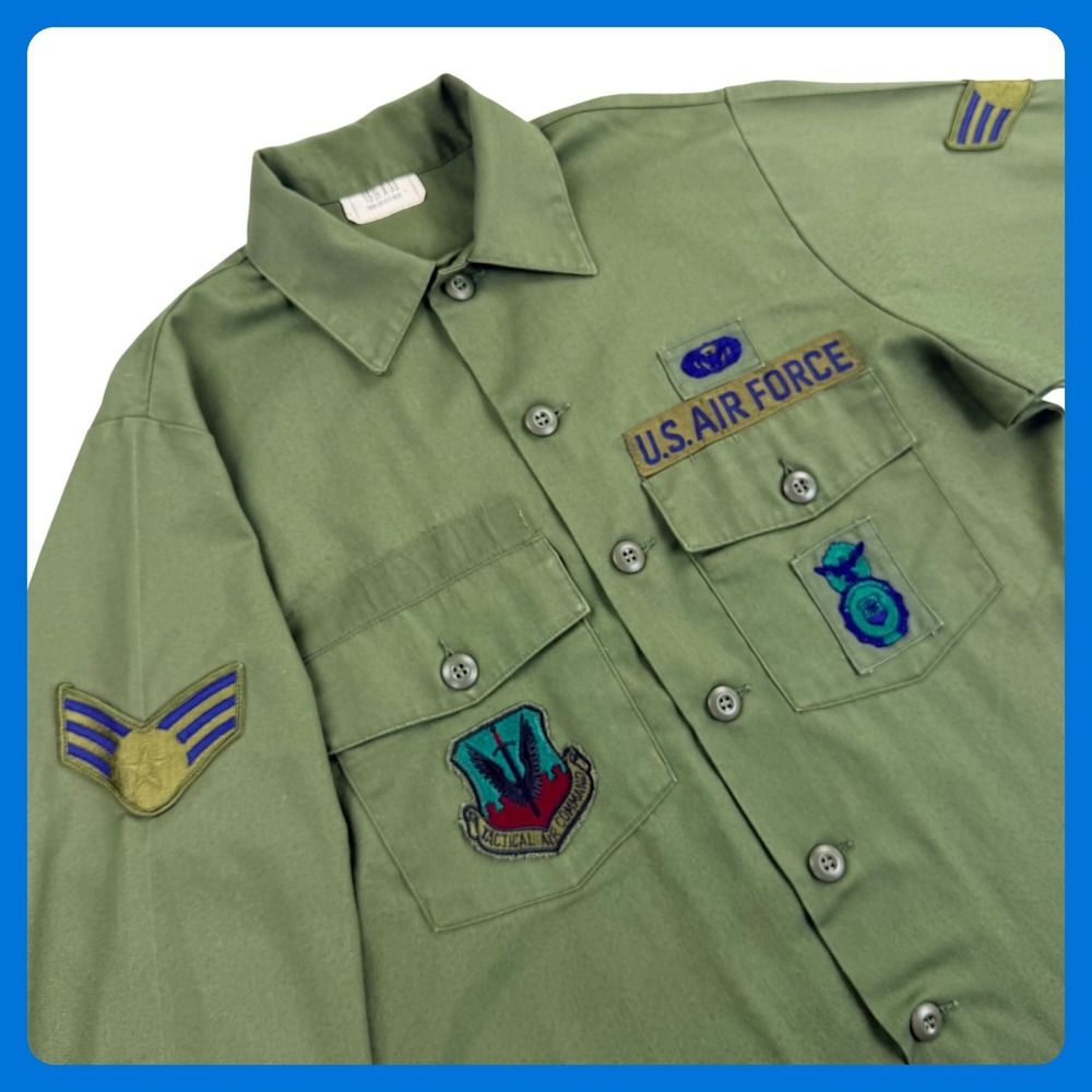 Vintage US Air Force OG-507 Shirt Men 15.5‎ Green Tactical Military Patches 70s